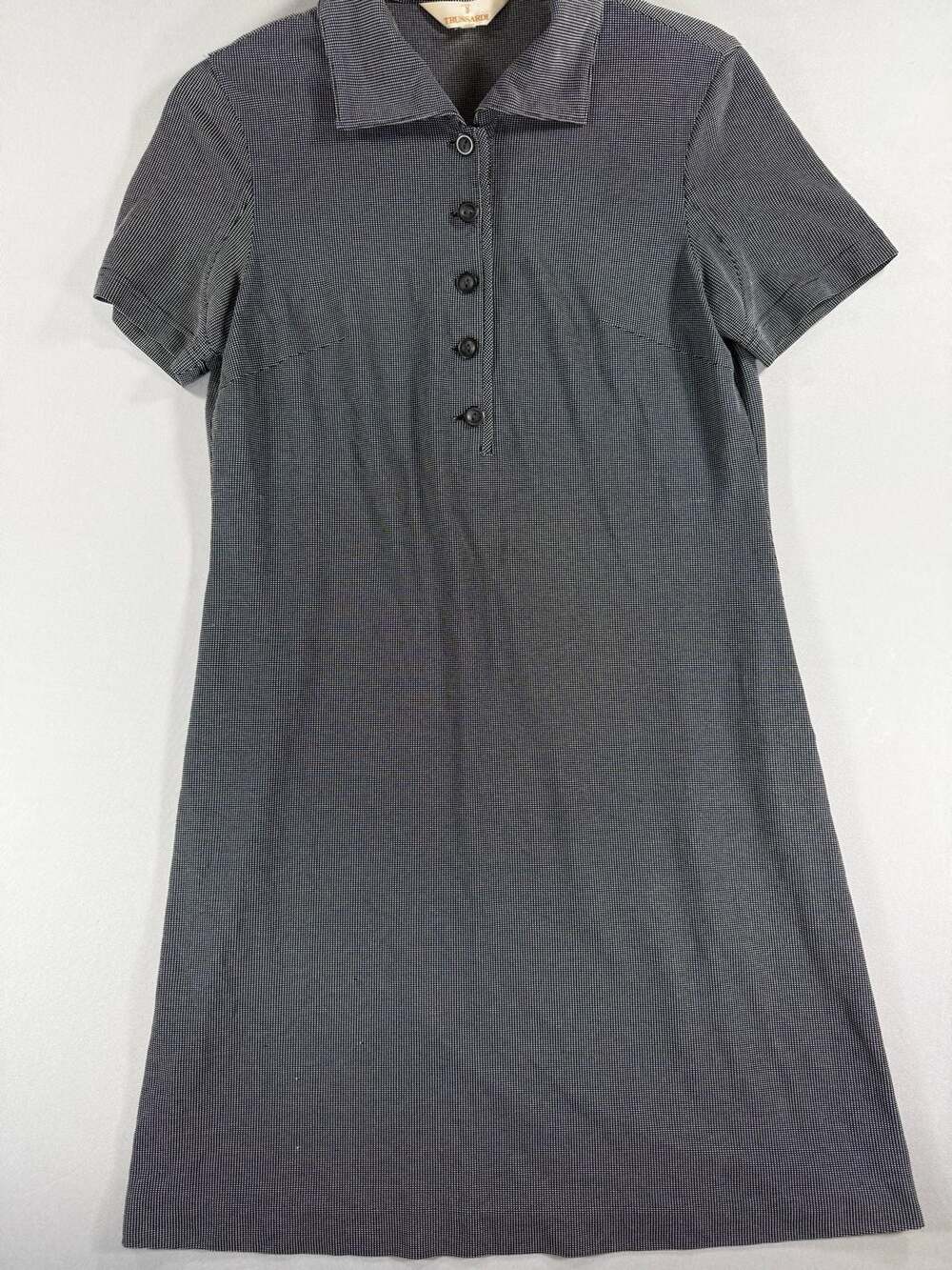 Trussardi Italy 40 Black White Micro Check Polo Shirt Dress Vintage Tenniscore